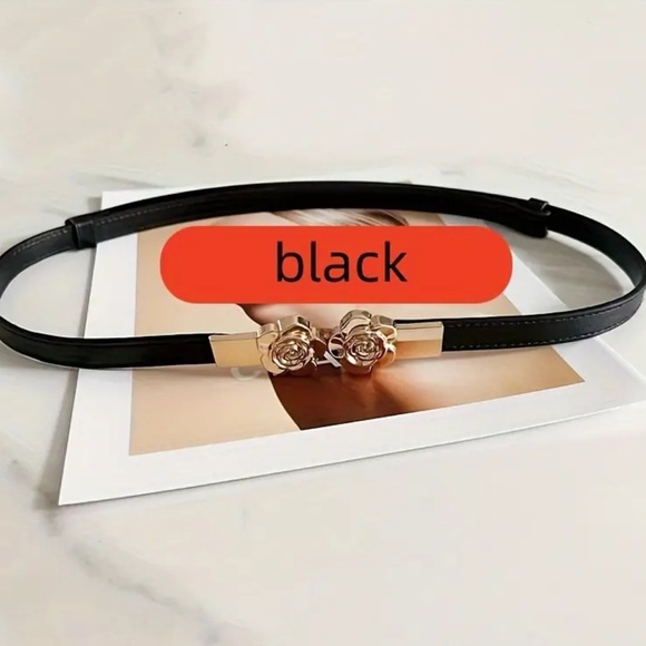 NEW| Women’s Black Vintage Rose Buckle Matte Skinny Belt - Picture 5 of 6